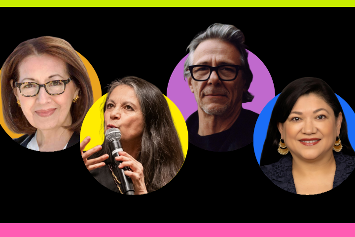 Four adults are shown in colored circular frames: a woman with glasses, a woman speaking into a microphone, a man with glasses, and a woman smiling. The background is black with neon yellow and pink borders.