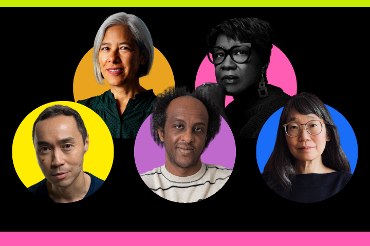Five people are shown in circular portraits against a black background with colorful circles behind each: yellow, orange, pink, purple, and blue. There are bright green and pink stripes at the top and bottom.
