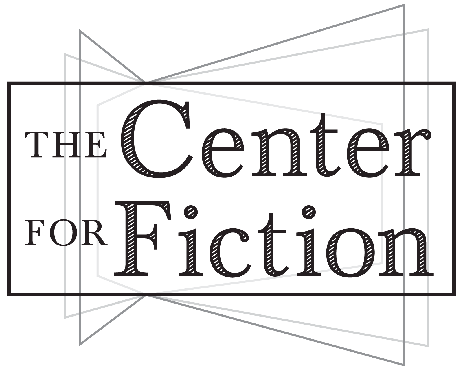 Black text reads The Center for Fiction in a large serif font, centered within a rectangular border. Faint geometric line shapes are layered in the background.