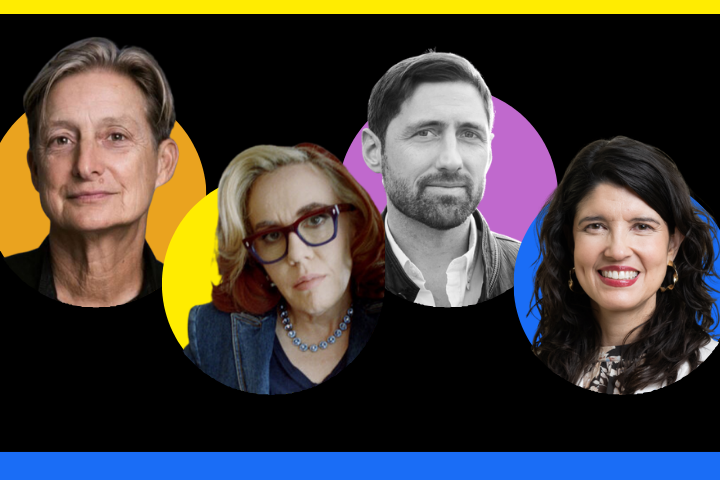 Four people are pictured side by side in front of colorful circular backgrounds (yellow, purple, blue). The background is black with a yellow stripe at the top and a blue stripe at the bottom.