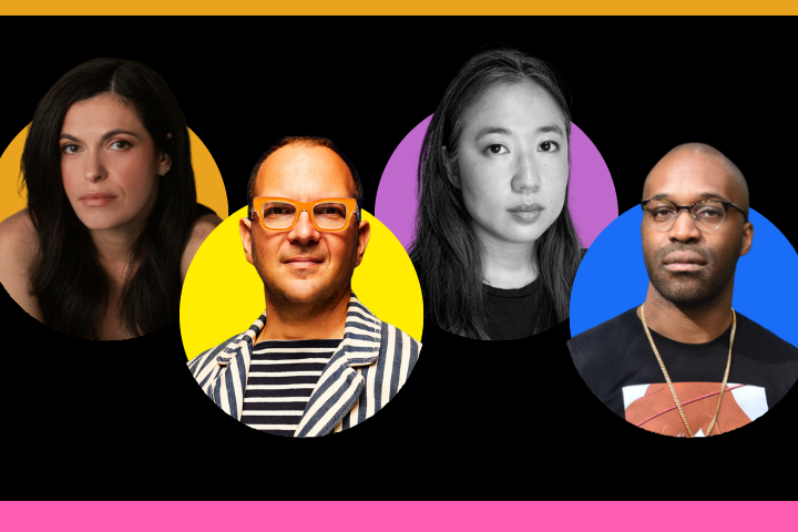 A collage featuring four people in circular frames with colored backgrounds: a woman with long dark hair on orange, a man with glasses and striped shirt on yellow, a woman with straight hair on magenta, and a man with glasses on blue.