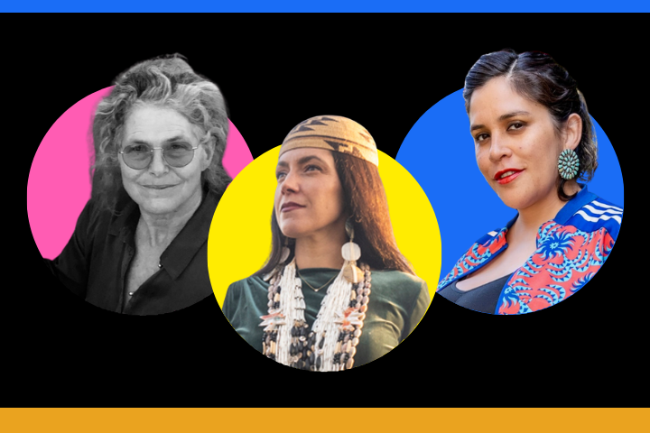 Three women are shown in separate colored circles against a black background: an older woman in gray with glasses (pink circle), a woman wearing a headdress and jewelry (yellow circle), and a woman in a blue and red jacket (blue circle).