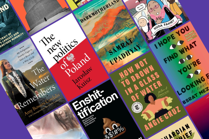 A collage of colorful book covers displayed diagonally on a purple background evokes the vibrant atmosphere of a book literary festival, featuring titles such as The Water Remembers, The new politics of Poland, Enshittification, and more.