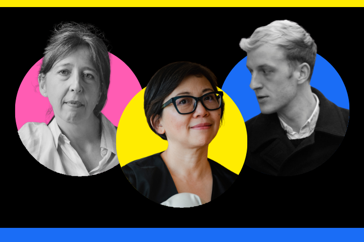 Three people in separate circular frames: a woman on a pink background, a woman with glasses on a yellow background, and a man looking sideways on a blue background. The circles overlap on a black background with yellow and blue stripes.