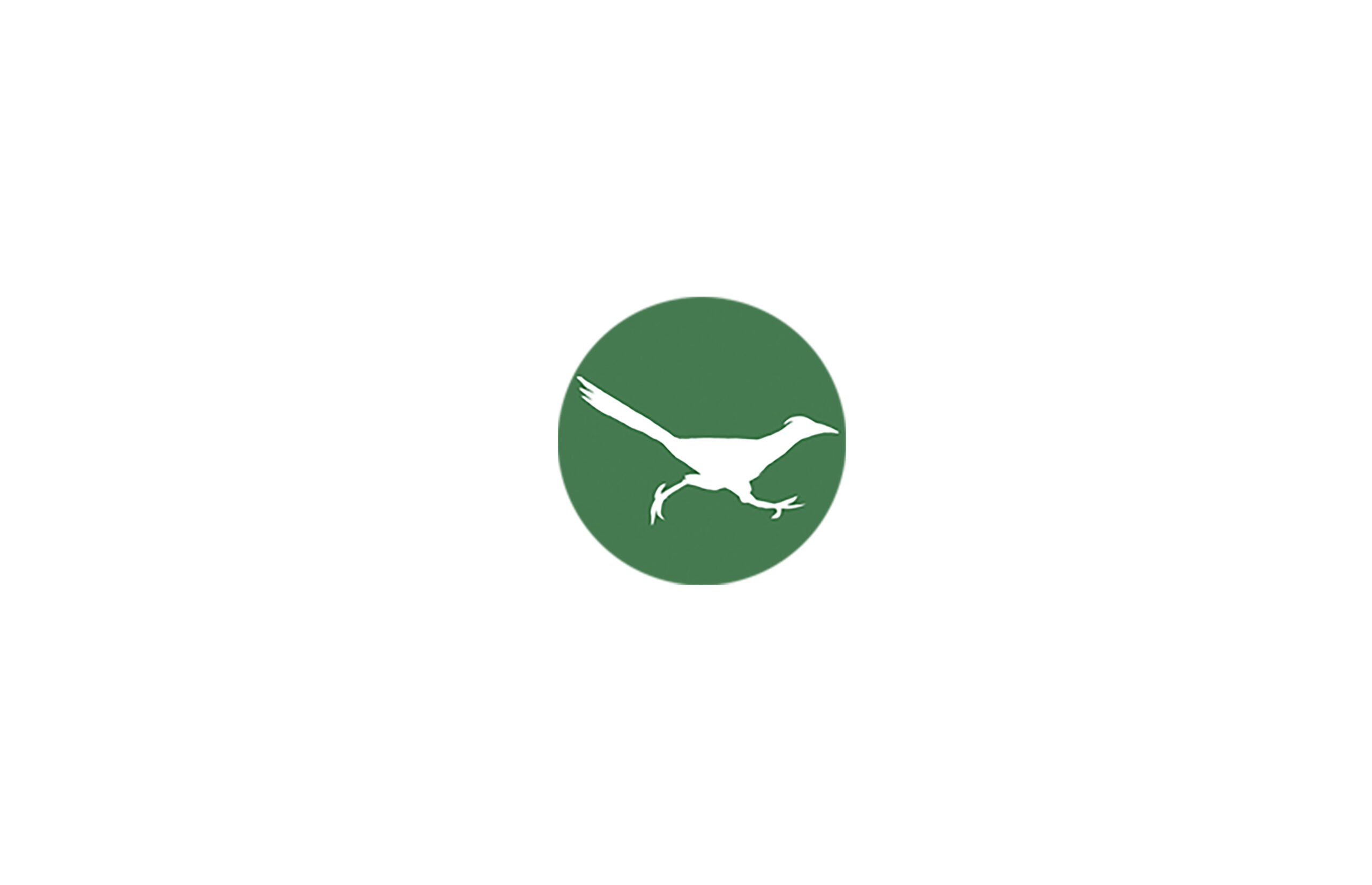 A simple logo shows a white silhouette of a bird in mid-stride inside a green circle, centered on a plain white background.
