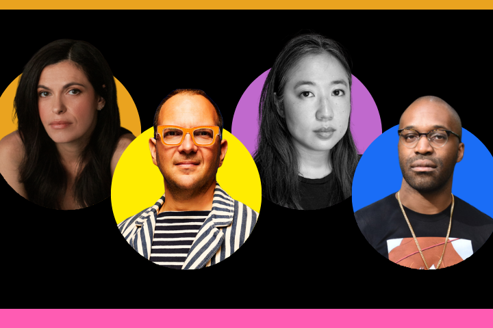 Four people are pictured in front of colored circles—yellow, pink, and blue—set against a black background with an orange bar at the top and pink bar at the bottom.