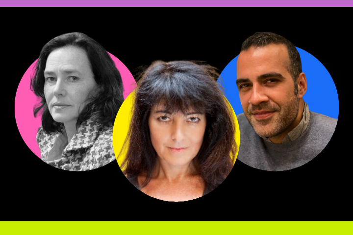 Three people in circular portraits: a woman on the left with dark hair and a houndstooth jacket on a pink background, a woman with dark hair in the center on a yellow background, and a man on the right on a blue background.