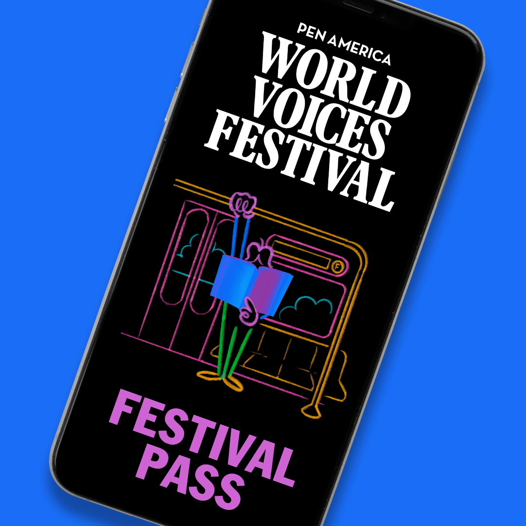 A smartphone displays a digital festival tickets pass for the PEN America World Voices Festival, featuring a colorful illustration of a person reading a book on the subway, with the words Festival Pass at the bottom.
