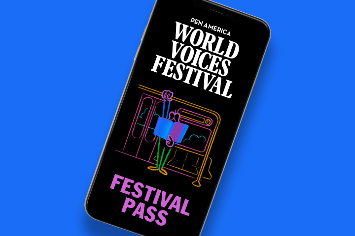 A smartphone displays the PEN America World Voices Festival logo above an illustration of a person reading a book on a subway. Festival Pass is written in bold purple letters at the bottom. The background is bright blue.
