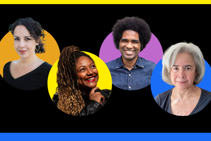 Four people are shown in individual circular frames with colored backgrounds—yellow, purple, and blue—against a black backdrop with yellow and blue stripes at the top and bottom.