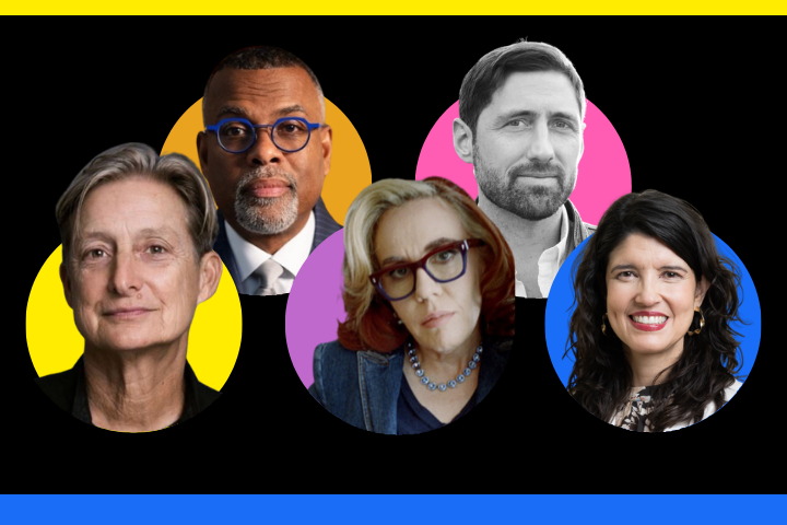 Five people are pictured in front of colorful circles on a black background with yellow and blue horizontal bars at the top and bottom. Each person is shown from the shoulders up, facing forward with neutral or slight smiles.