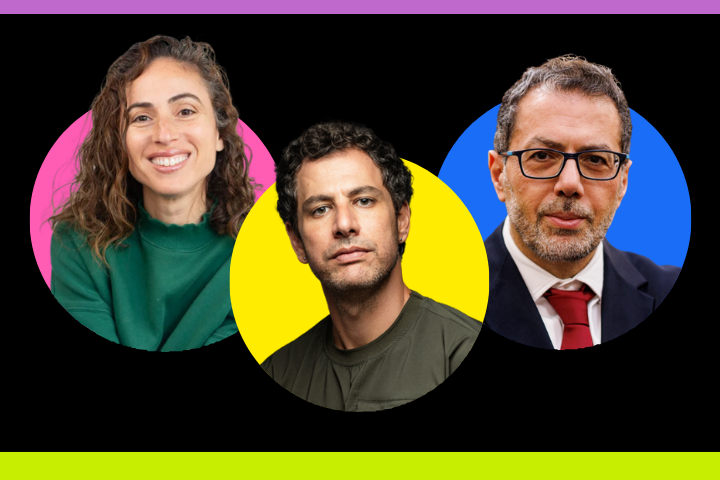 Three people are shown side by side in colorful circular frames: a smiling woman in green on a pink background, a man in a green shirt on a yellow background, and a man in glasses and a suit on a blue background.