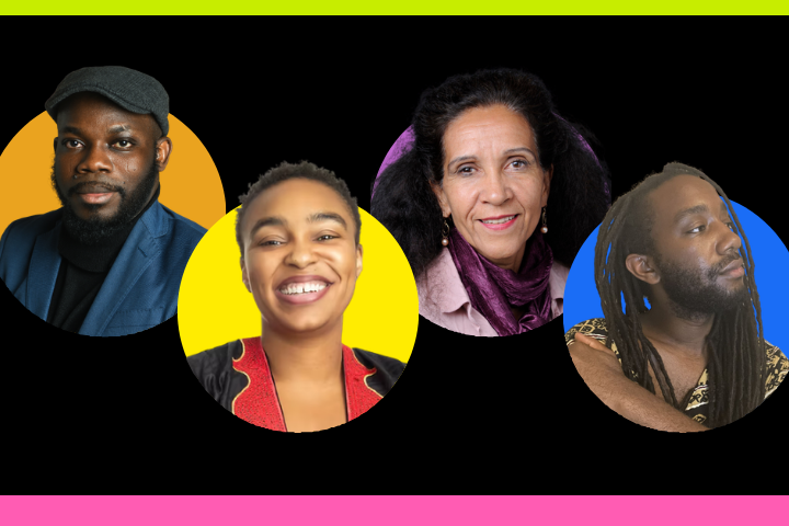 Four people are pictured in colorful circular frames against a black background, with green and pink borders at the top and bottom. Each person faces forward and smiles or looks calmly at the camera.