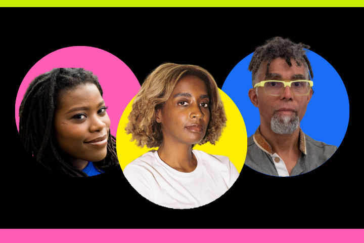 Three people are shown in circular frames against a black background, each with a bright colored backdrop: pink, yellow, and blue. Neon green and pink bars line the top and bottom of the image.