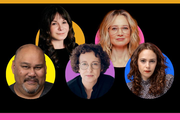 Five people are pictured in circular frames with colorful backgrounds: three women and one man in the top row, and one woman and one man in the bottom row, all facing forward and smiling or with neutral expressions.