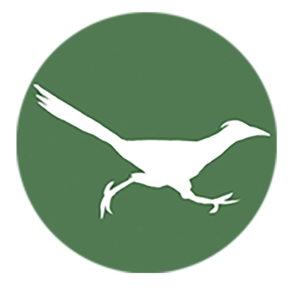 A white silhouette of a running bird, likely a roadrunner, is centered on a green circular background—an emblem often associated with literary festival sponsors.