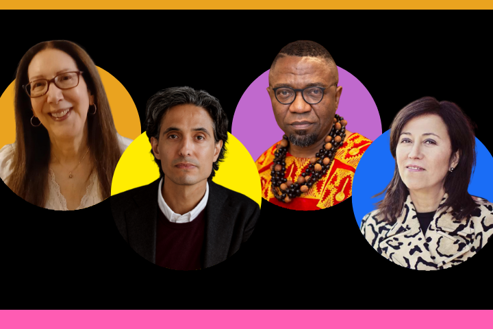 Four people with different backgrounds are pictured in circular frames with colorful backgrounds: orange, yellow, purple, and blue, on a black backdrop with orange and pink borders.