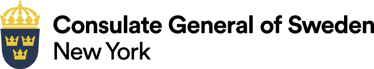 Logo of the Consulate General of Sweden in New York, featuring a blue shield with three gold crowns and a gold crown above it, alongside the text Consulate General of Sweden New York.