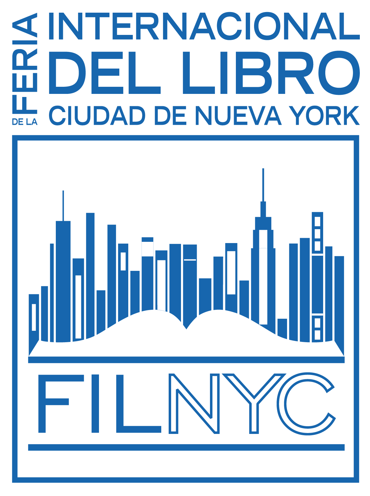 Blue and white graphic logo for the Feria Internacional del Libro de la Ciudad de Nueva York (FILNYC), featuring a stylized NYC skyline rising from an open book.