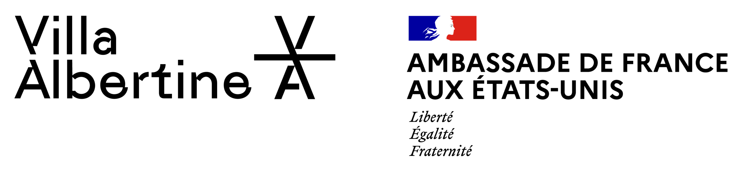 Logo for Villa Albertine and the Embassy of France in the U.S., featuring the French flag, text in French, and the motto Liberté, Égalité, Fraternité.