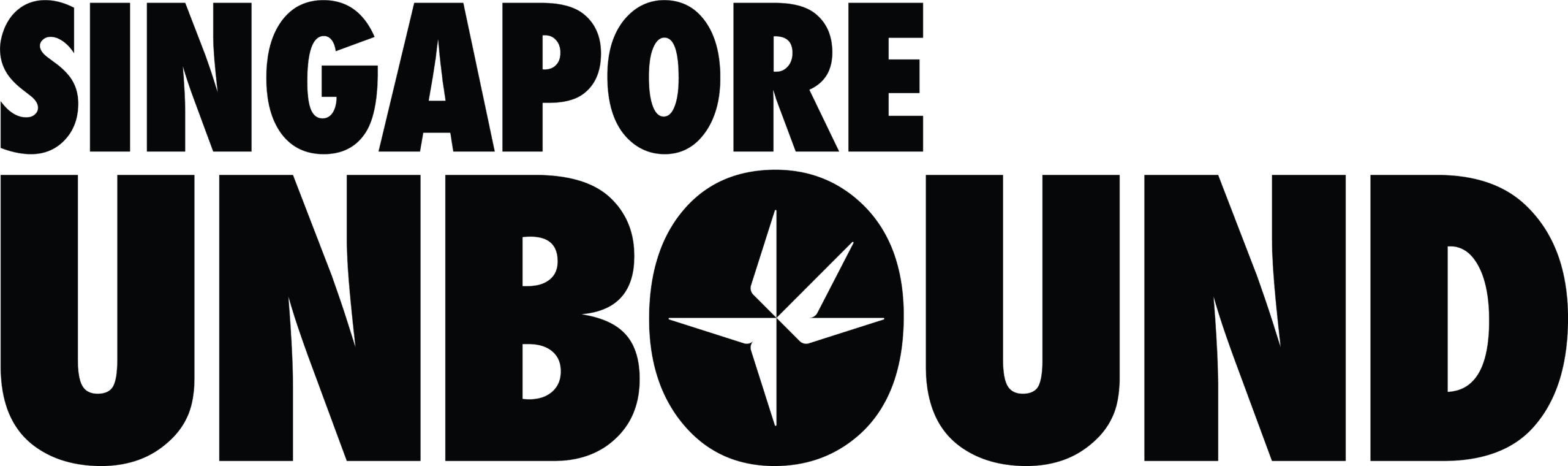 Black bold text reads SINGAPORE UNBOUND on a white background. The letter O in UNBOUND contains a white abstract star-like design inside it.