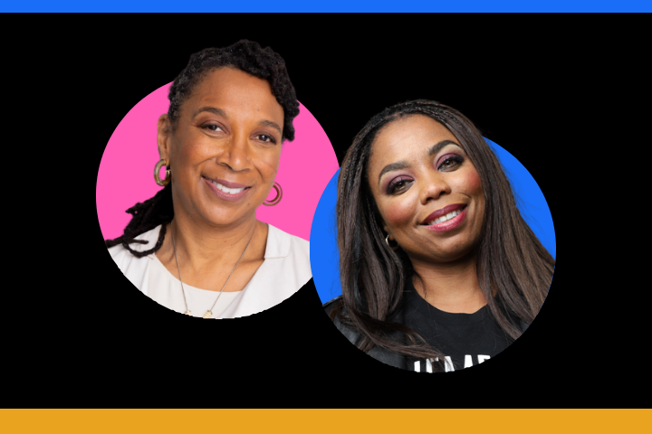 Two women smiling, each in a circular frame—one with a pink background, the other with a blue background—set against a black backdrop with blue and orange borders at the top and bottom.