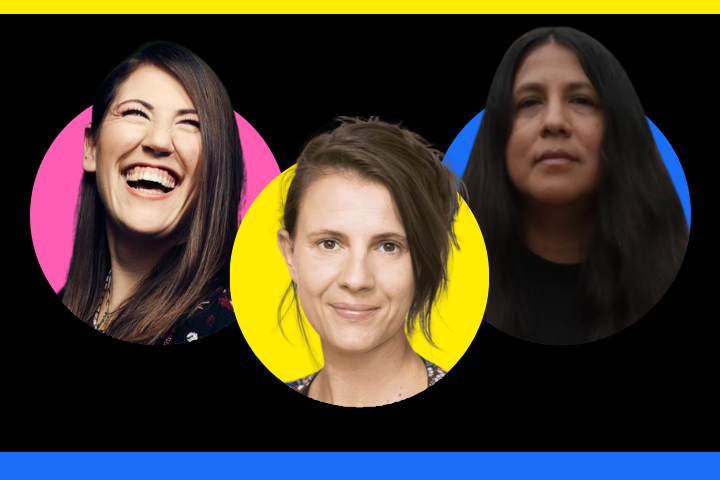 Three women are shown against overlapping pink, yellow, and blue circles. The woman on the left is smiling widely, the woman in the middle has short hair and a neutral expression, and the woman on the right has long dark hair and a calm expression.