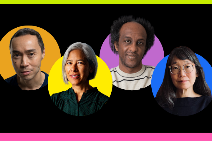 Four adults of diverse backgrounds are shown in individual, brightly colored circles on a black background. From left to right: a man on orange, a woman with gray hair on yellow, a man on purple, and a woman with glasses on blue.