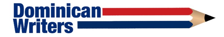 Logo for Dominican Writers, ideal for literary festival sponsors, with the text beside a pencil graphic featuring red and blue stripes and a black tip, reflecting the colors of the Dominican Republic flag.