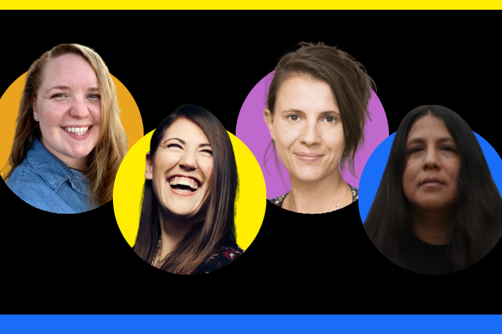 Four women are shown in circular frames with colored backgrounds (yellow, purple, and blue) on a black backdrop, bordered by yellow and blue stripes at the top and bottom.