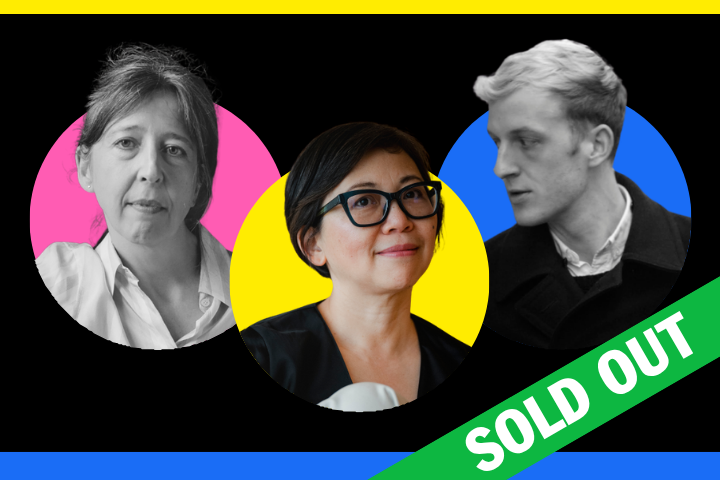 Three people’s portraits in colored circles (pink, yellow, blue) on a black background. A green banner with “SOLD OUT” in white letters crosses the lower-right corner.