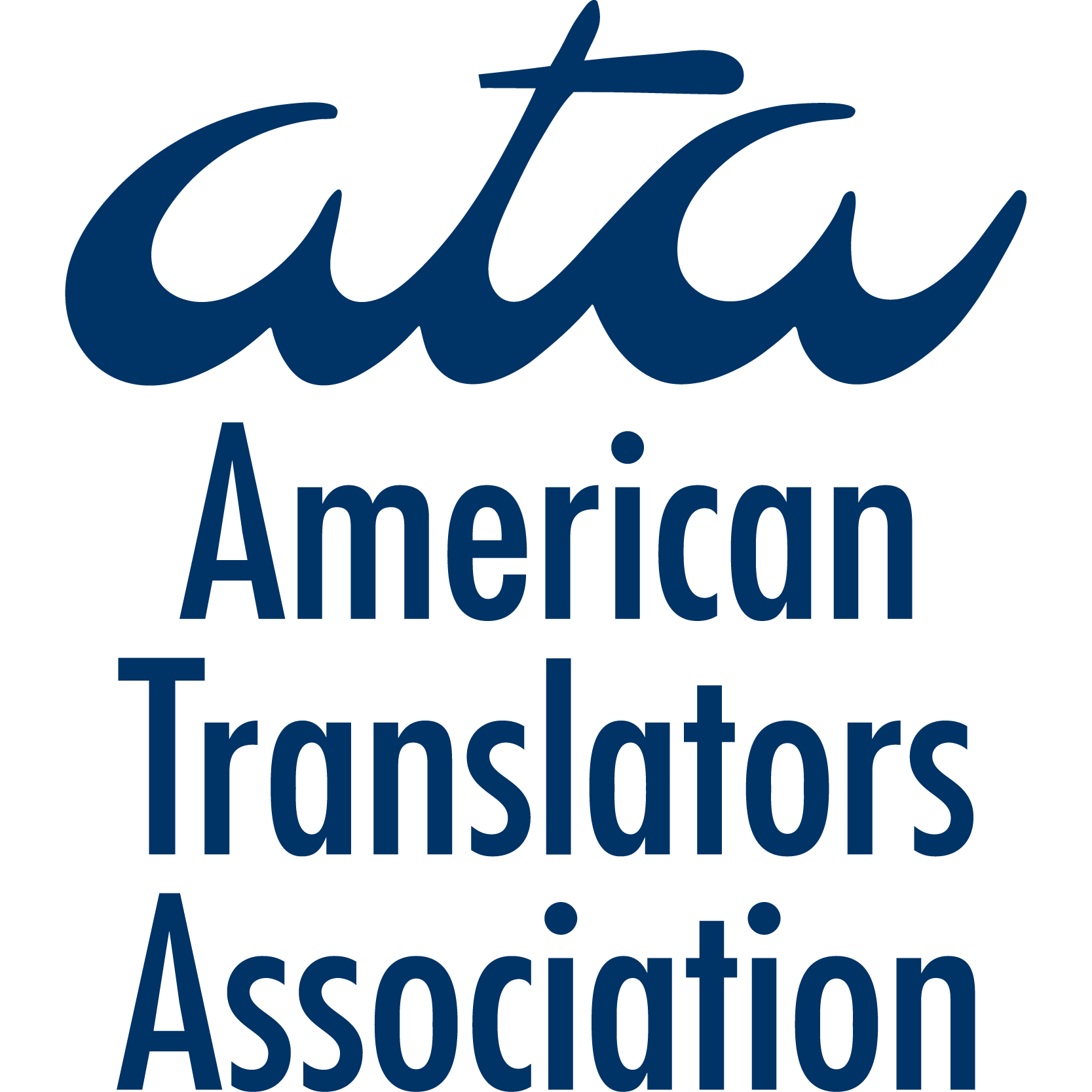 Logo for the American Translators Association with ata in large, cursive blue letters above the words American Translators Association in bold, blue, capital letters on a light background.