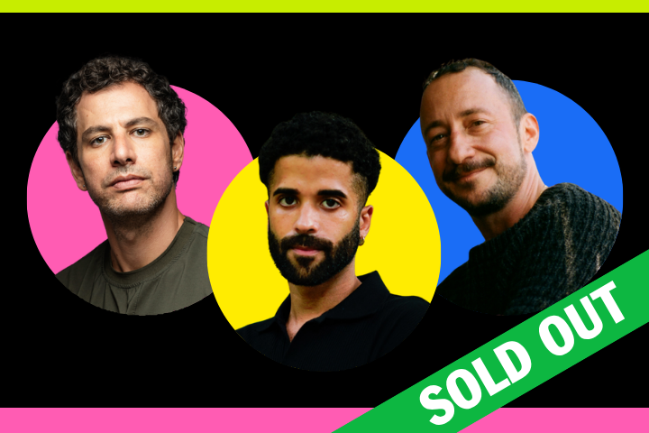 Three men in separate colored circles (pink, yellow, blue) on a black background. A green SOLD OUT banner crosses the lower right corner.