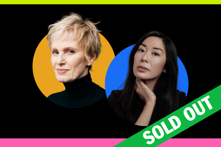 Two women are shown in circular portraits, one with short blonde hair on an orange background and one with long black hair on a blue background. A green SOLD OUT banner appears across the bottom right.