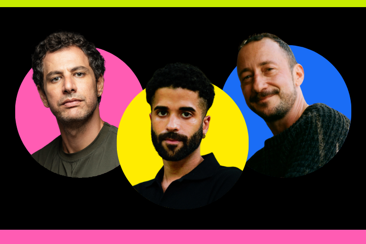 Three men are pictured in front of colorful circular backgrounds—pink, yellow, and blue—arranged side by side against a black backdrop with neon green and pink borders.